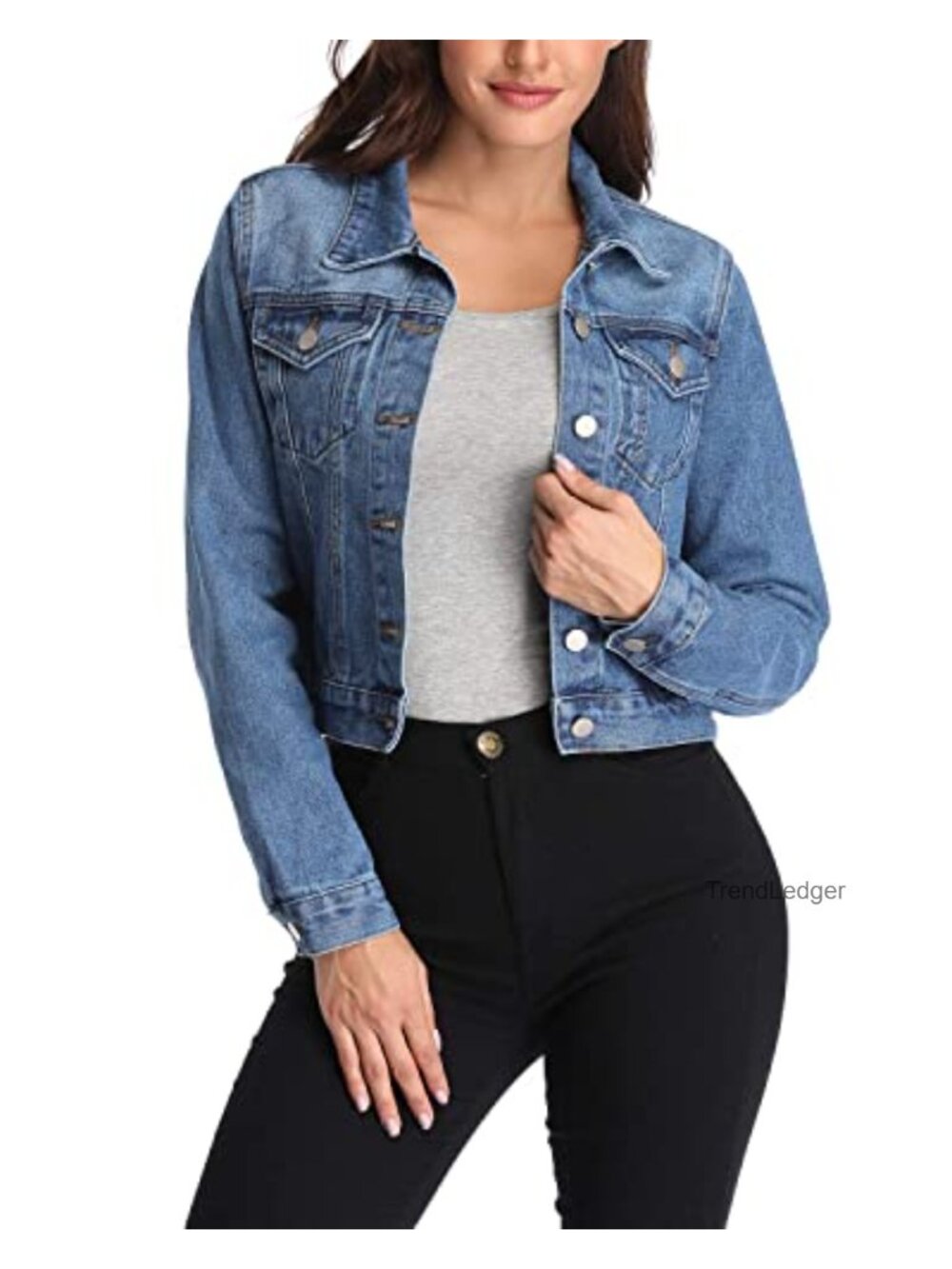 Women's Cropped Denim Jacket 100% Cotton Button Down Crop Shacket with Pockets